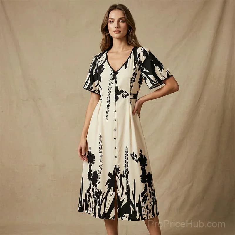 Elegant V-Neck Botanical Print Midi Dress, Beige, XL - View 5
