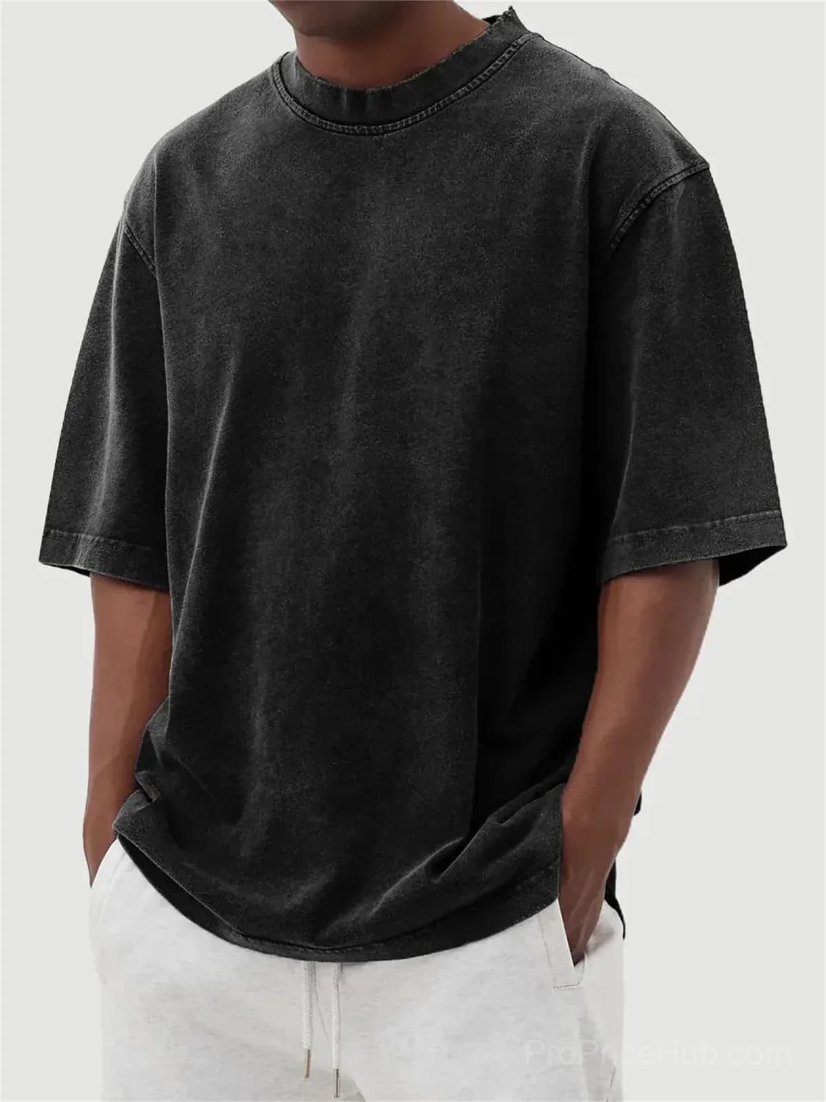Men's Washed Solid Color Pullover T-Shirt - S to 5XL - Alt