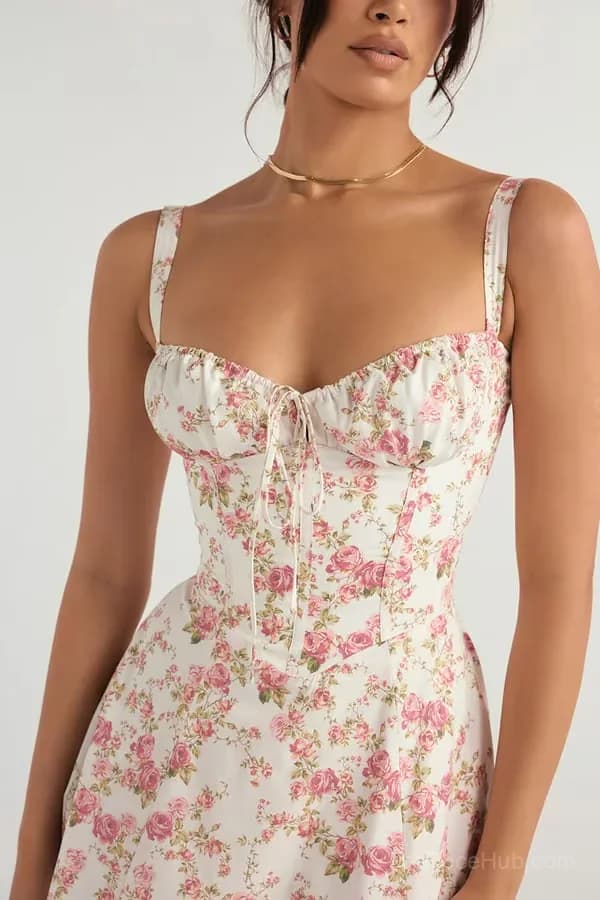 Red Floral Print Bustier Sundress, Size S - View 5