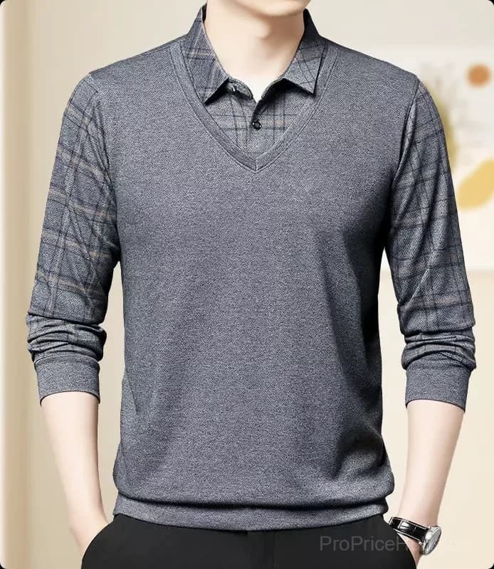 Men's Faux Two-Piece Lapel Long-Sleeve Top, Grey M - Main
