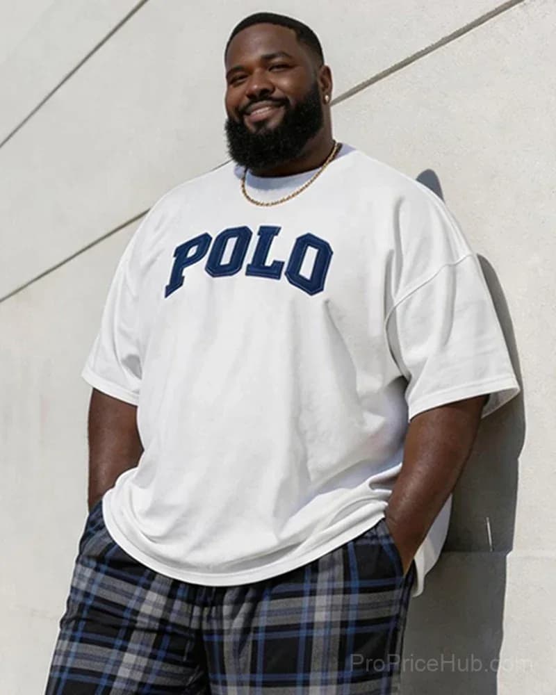 Men's Big & Tall Vintage Plaid Polo Alphabet Print T-Shirt & Shorts Set - Alt