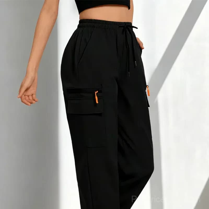 Women's Drawstring Cargo Pants, Relaxed Straight Leg, Black S - Alt
