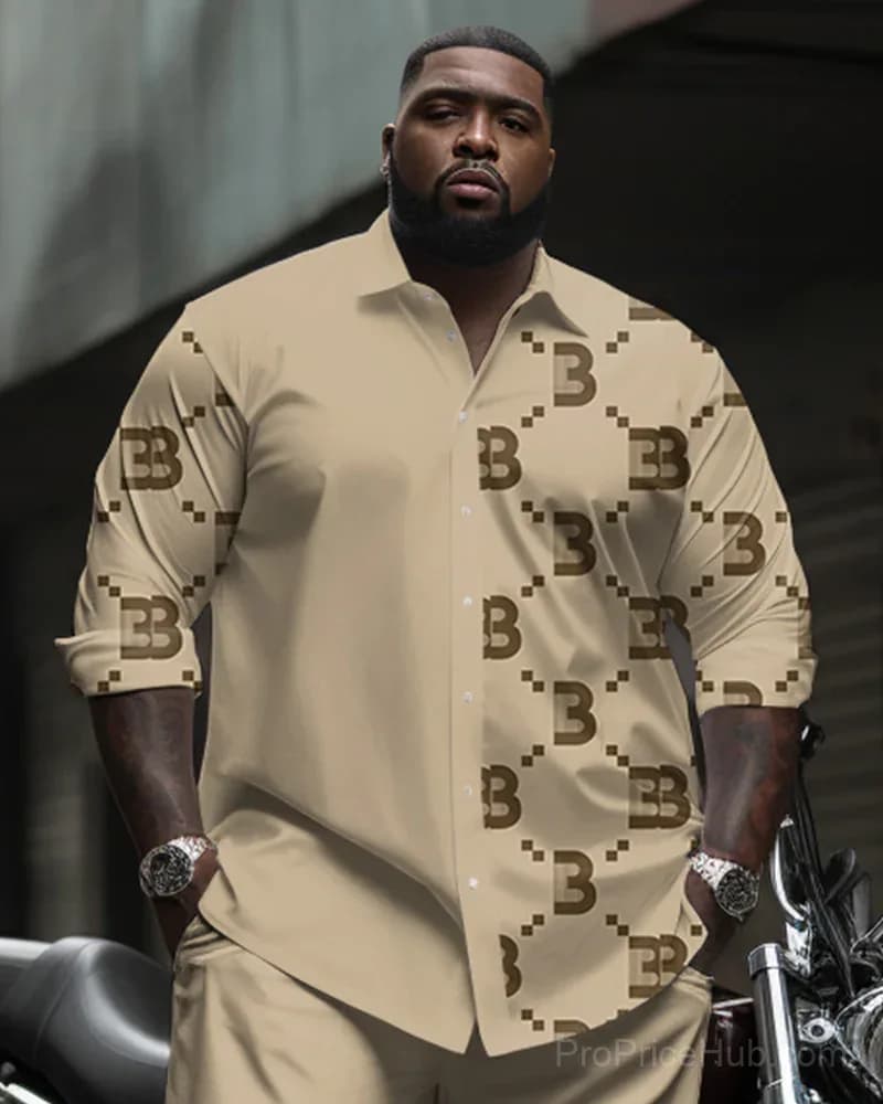 Big & Tall Men's Diamond Print Suit Set - Shirt & Pants - View 6