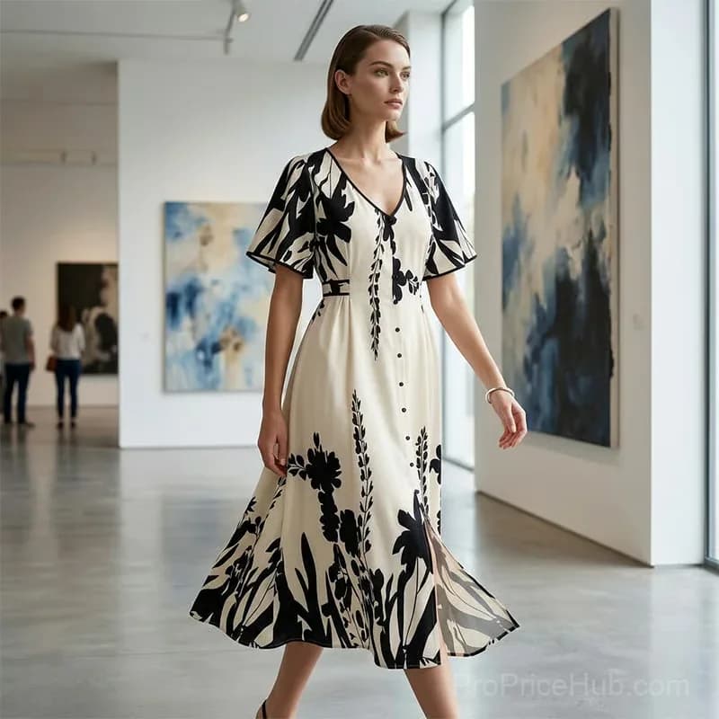 Elegant V-Neck Botanical Print Midi Dress, Beige, XL - View 6