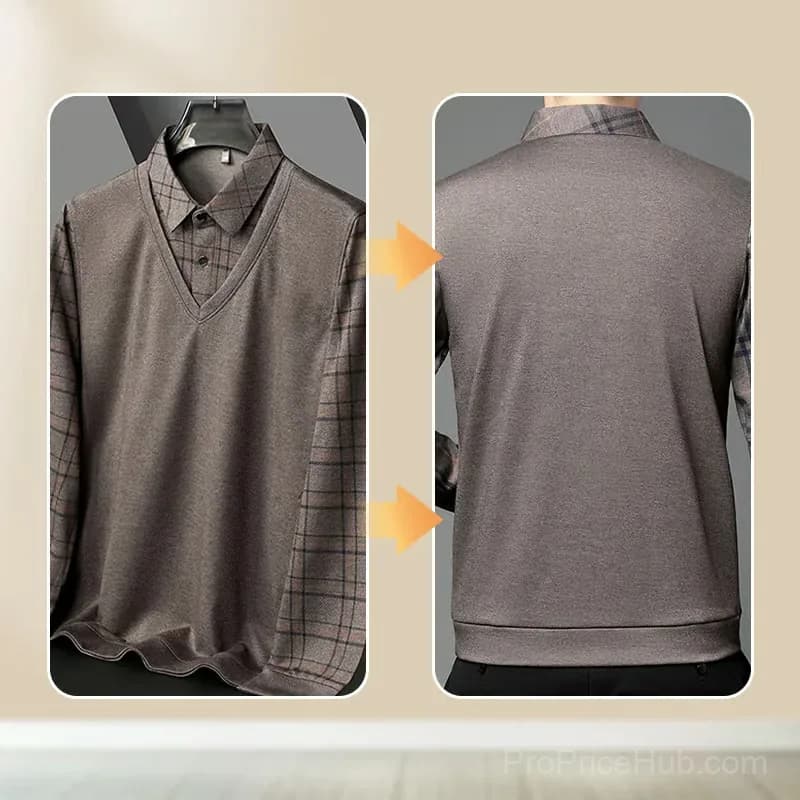 Men's Faux Two-Piece Lapel Long-Sleeve Top, Grey M - View 5