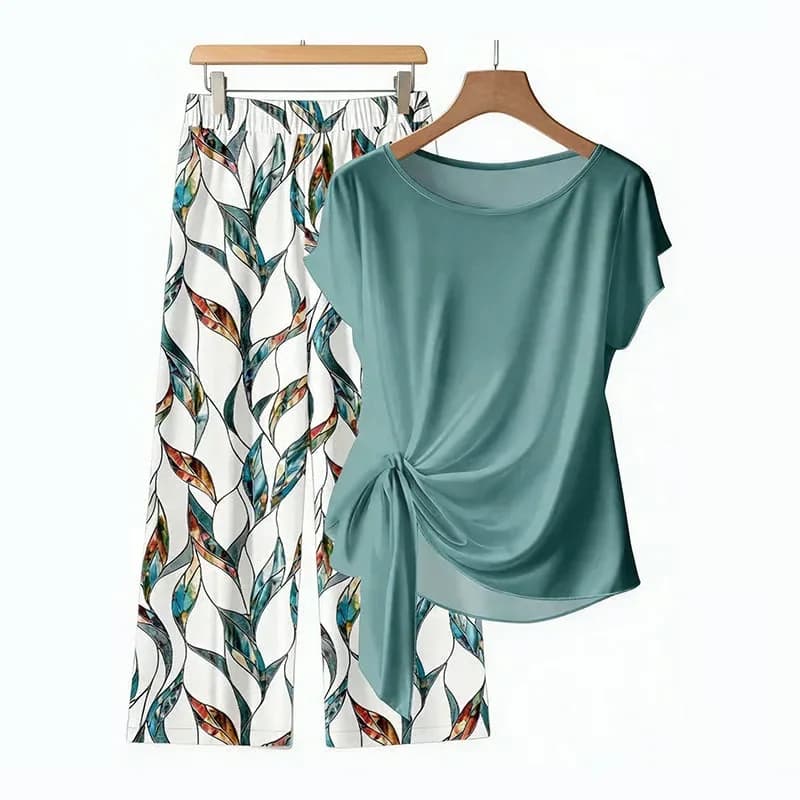 Women's Side-Tie Top & Patterned Pants Set, Light Blue, S (UK 8) - View 11
