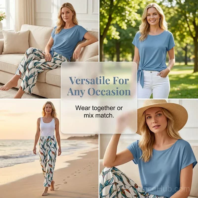 Women's Side-Tie Top & Patterned Pants Set, Light Blue, S (UK 8) - View 10