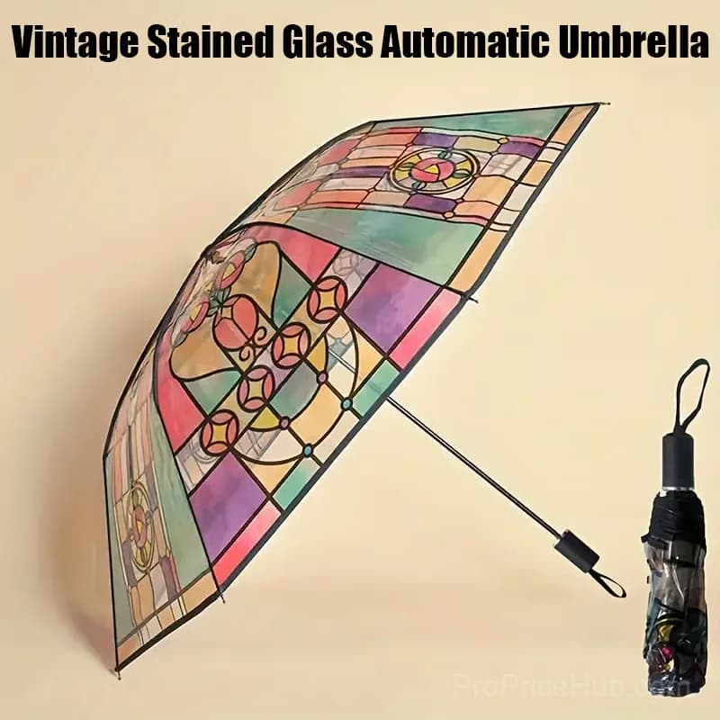 Vintage Stained Glass Print Automatic Umbrella - View 2