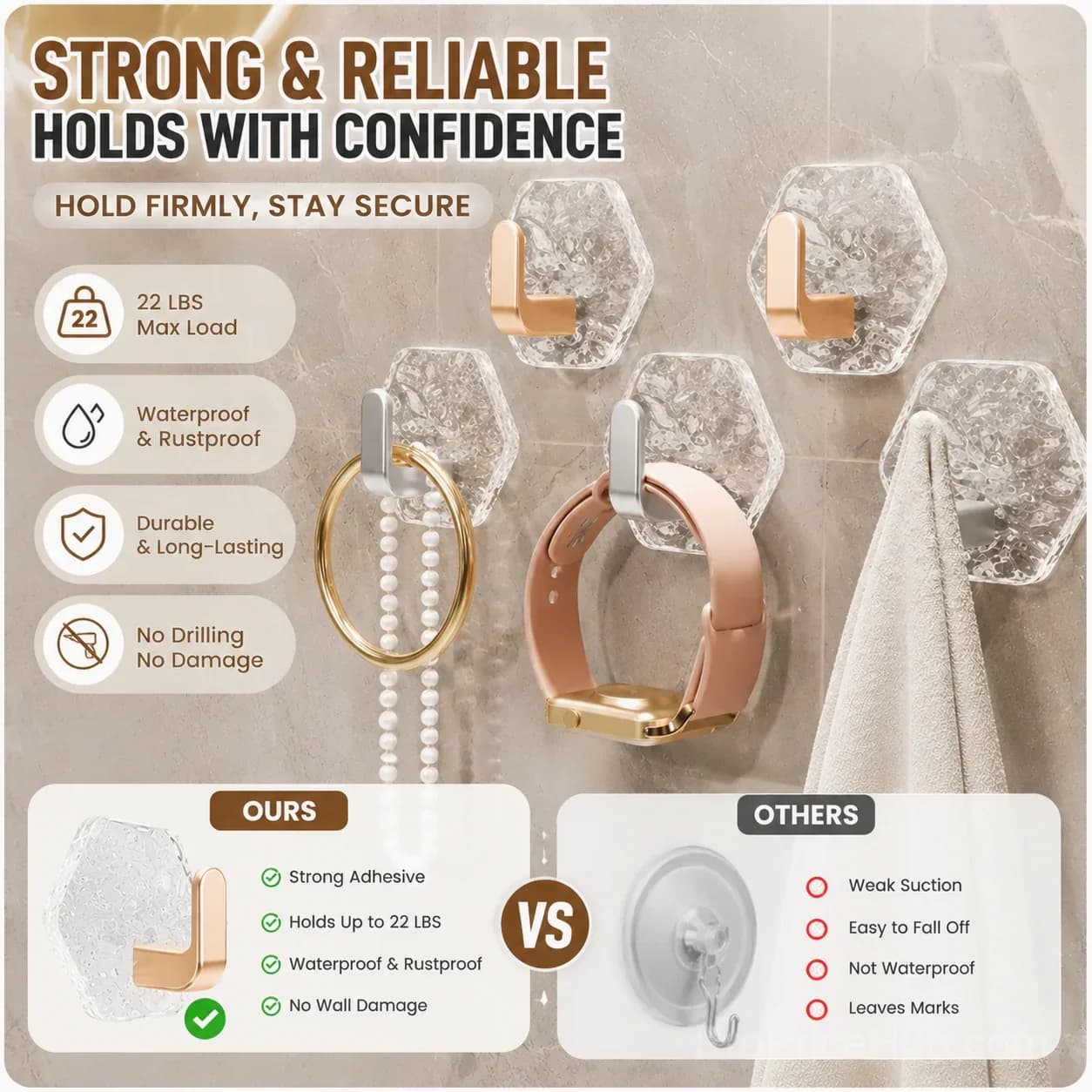 10-Pack Hexagonal Adhesive Wall Hooks, Waterproof Heavy Duty - View 4