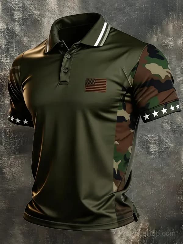 Men's Retro Patriotic Color-Block Short-Sleeve Polo Shirt - Main