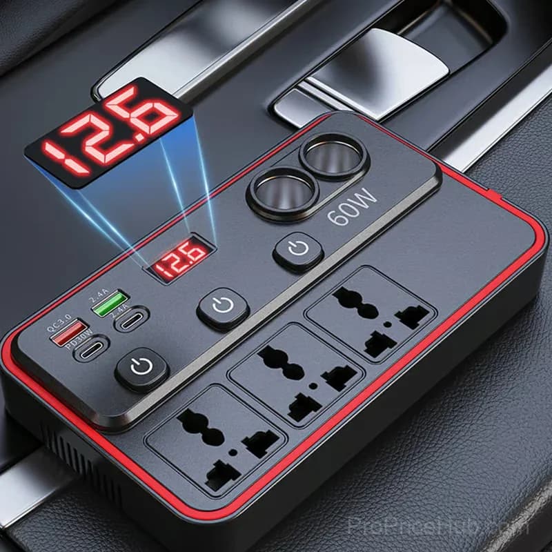 Multifunctional Car Charger with AC Outlets and USB Ports - Alt