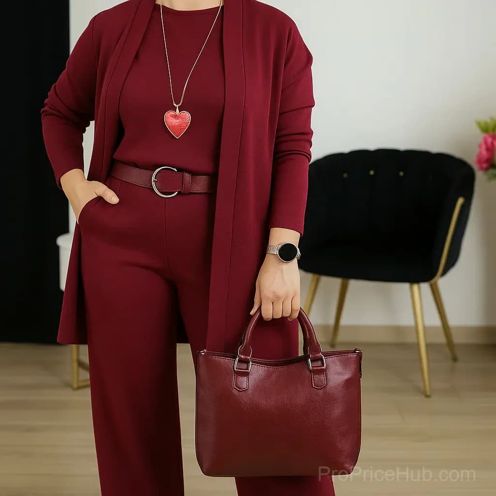 3-Piece Long Cardigan, Top and Pants Set, Brown, S - View 5