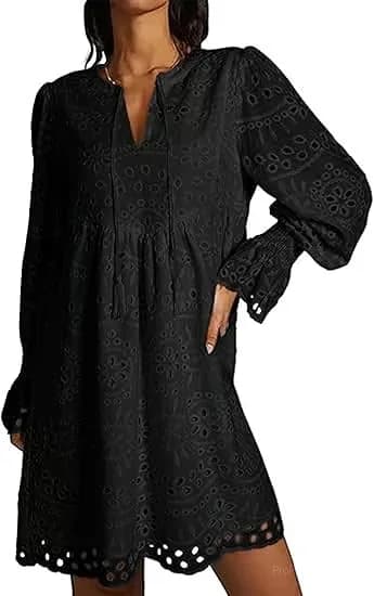 Women's Casual Eyelet Lace Dress, Black, Size S - Main