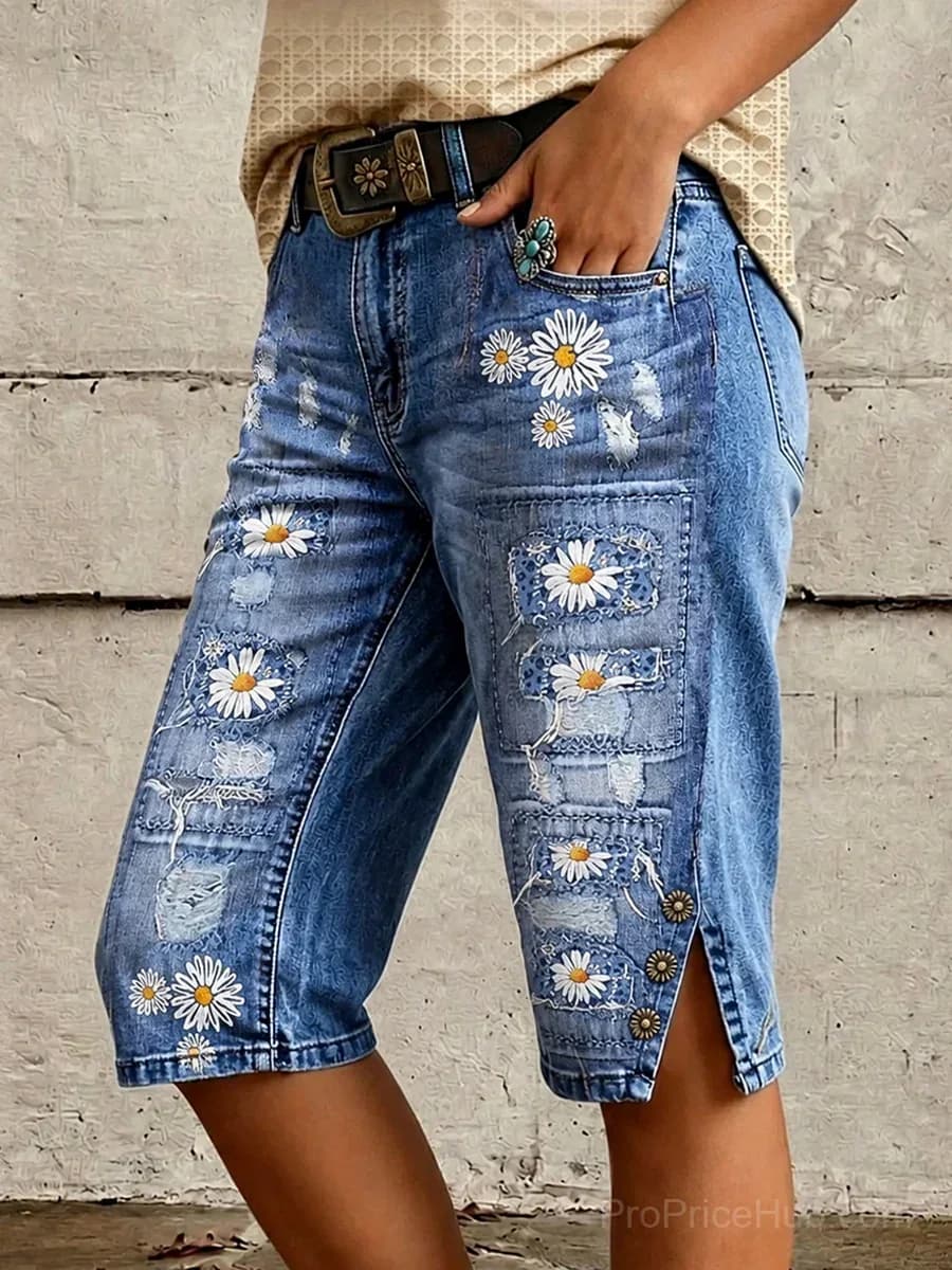Retro Casual Floral Art Print Denim Shorts - Main