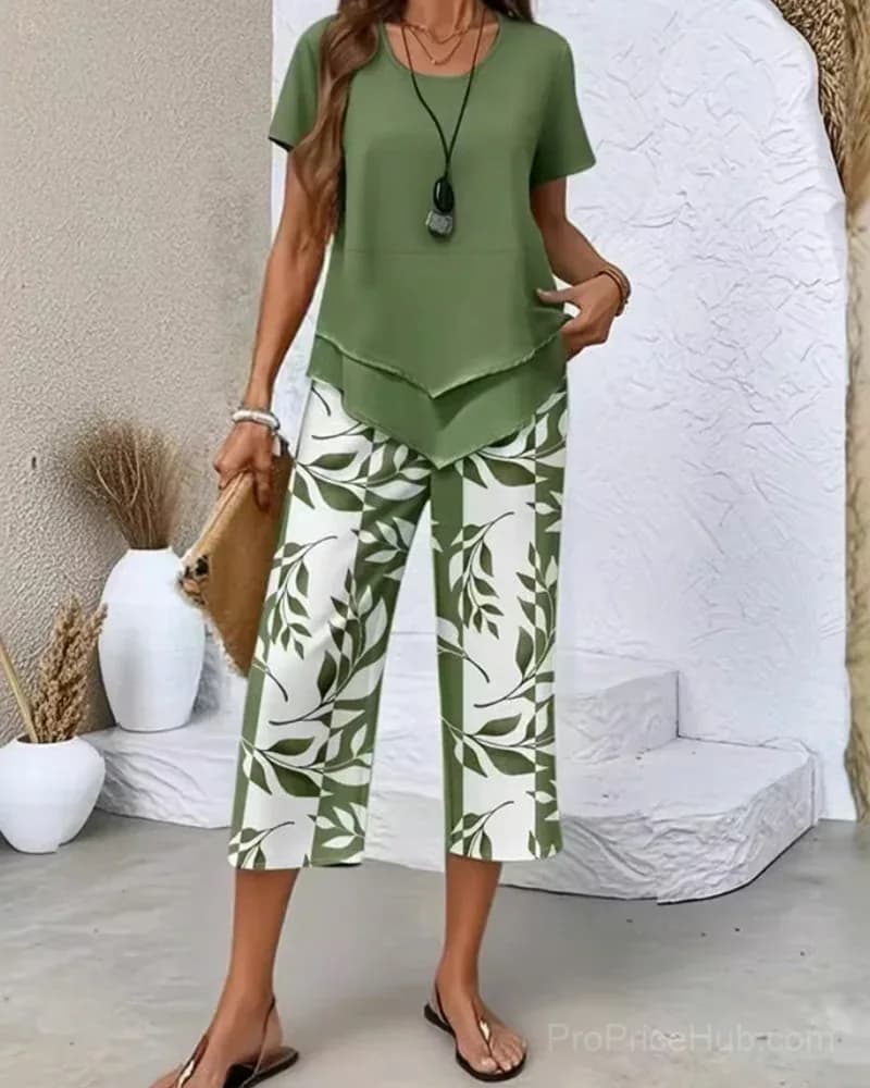 Printed Cropped Pants Casual Two-Piece Set, Green, US 4/S - Main