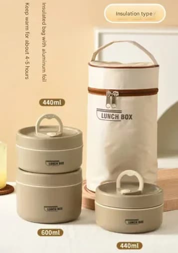 Portable 2-Tier Insulated Lunch Container Set with Bag, Beige - View 13