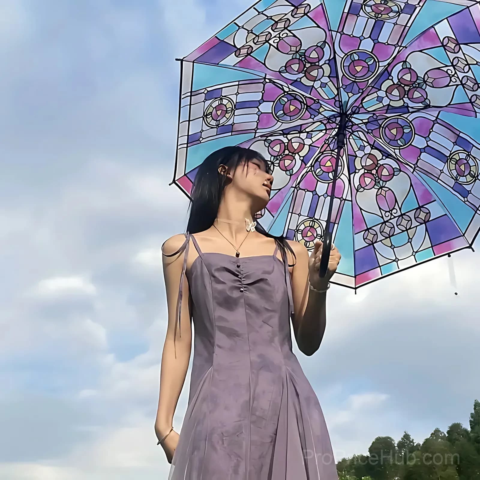 Vintage Stained Glass Print Automatic Umbrella - View 5
