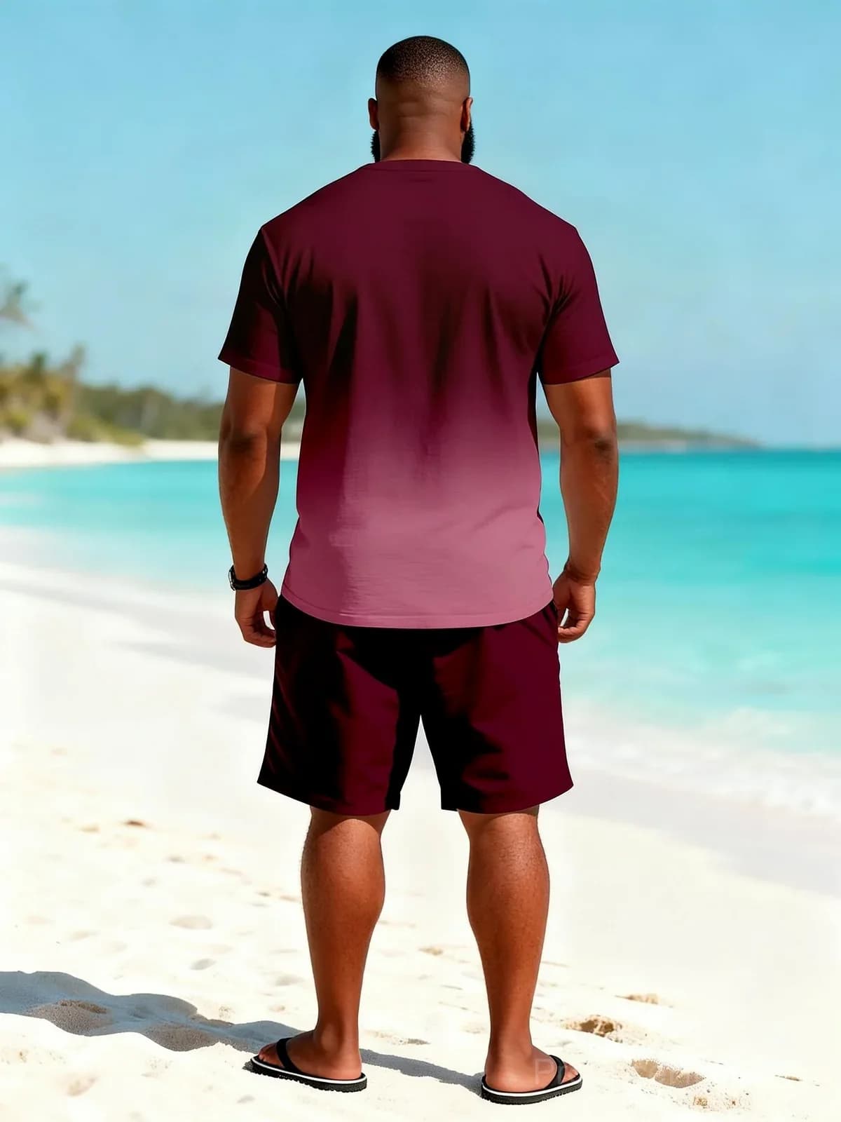 Big & Tall Men's Wine Red Gradient Coconut Print Tee & Shorts Set - View 4