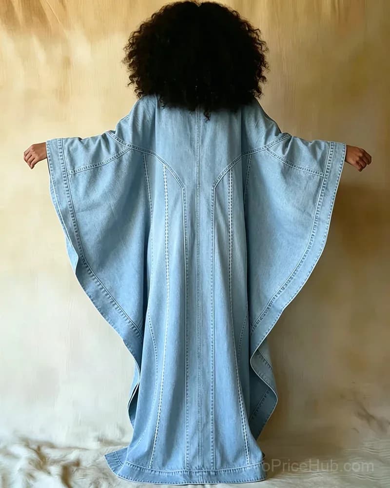 Washed Denim Texture Print V-Neck Long Kaftan Dress - View 6