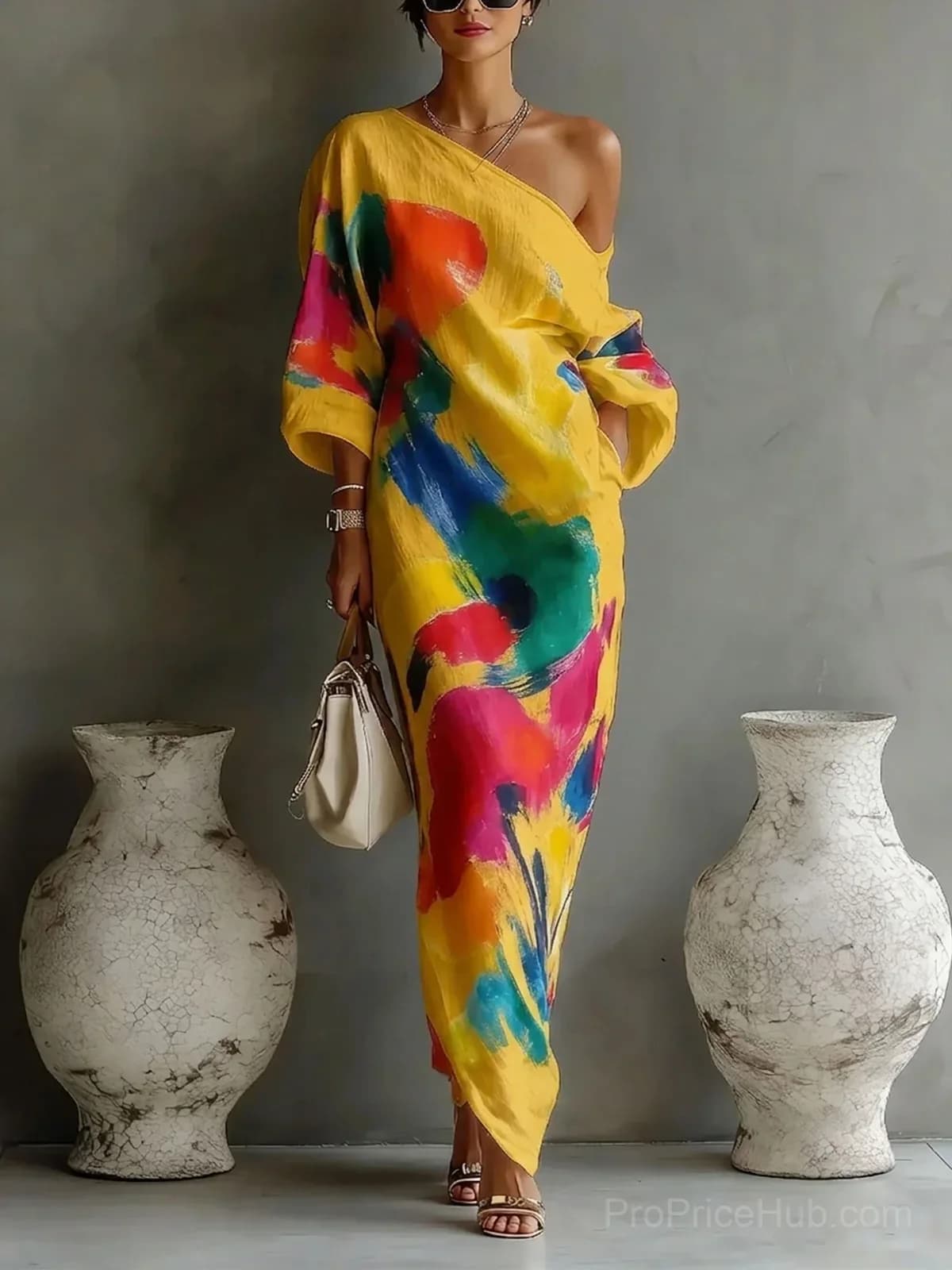Women's Artistic Print One-Shoulder Maxi Dress - Alt