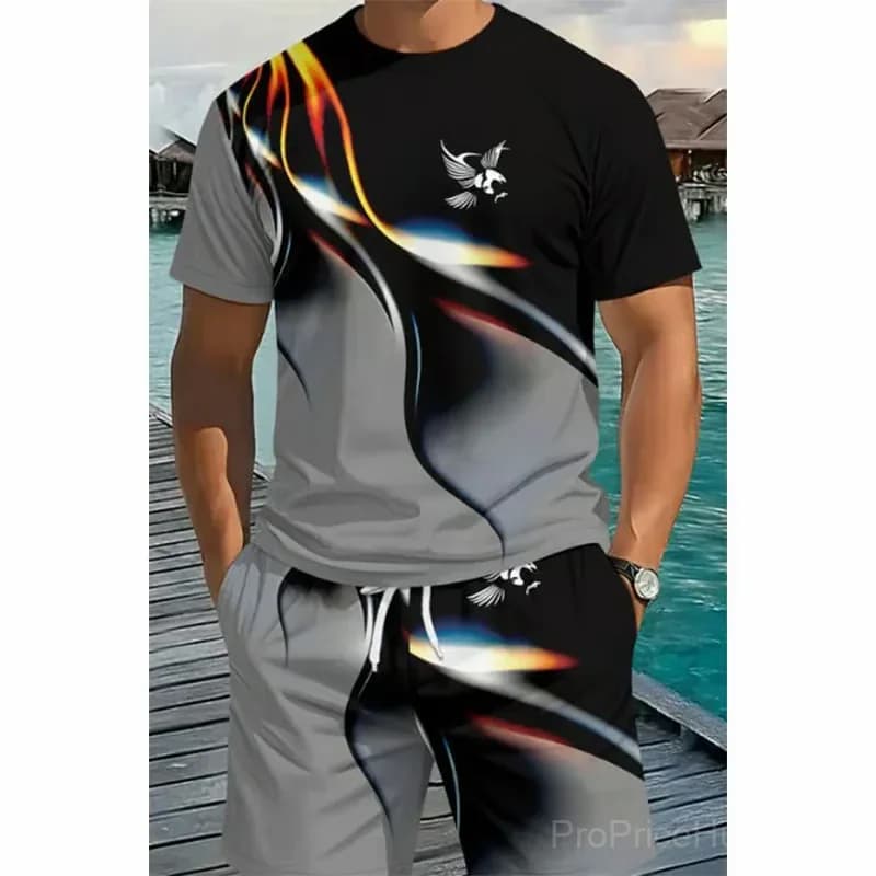 Men's Abstract Print T-Shirt & Shorts Set, Gray, Small - Main