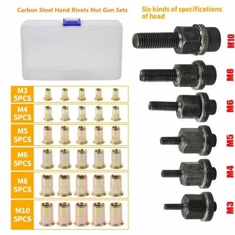 Galvanized Flat Head Threaded Rivet Nut Insert Set - Main