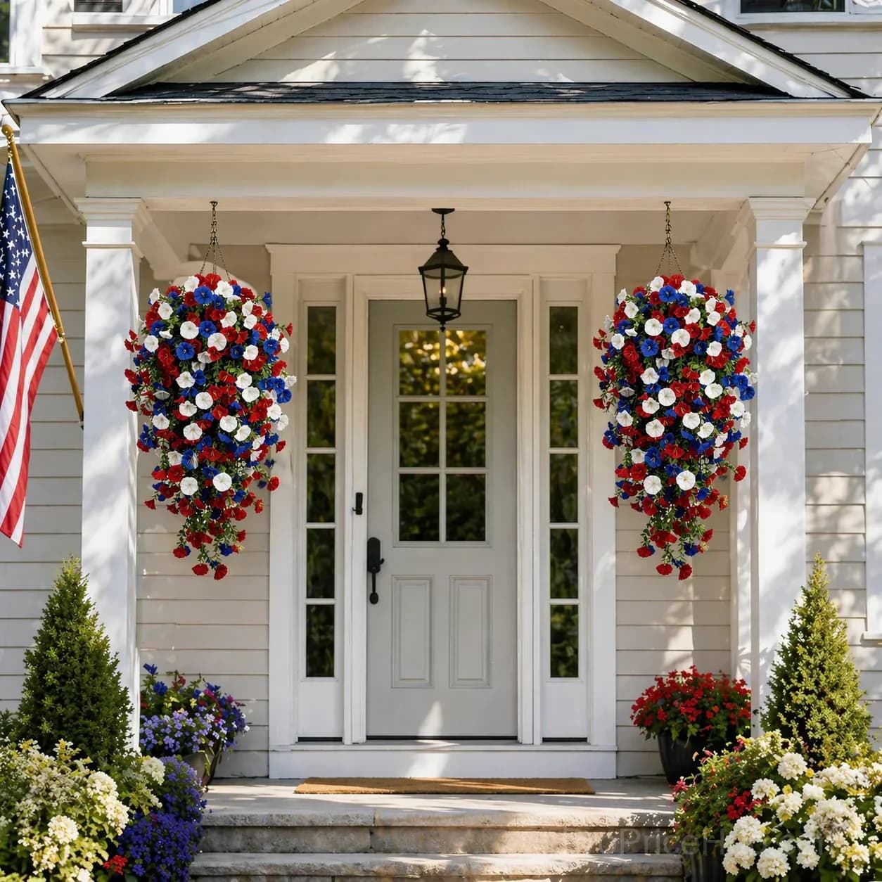 Patriotic Artificial Hanging Flower Baskets - No Maintenance Outdoor Decor - Alt