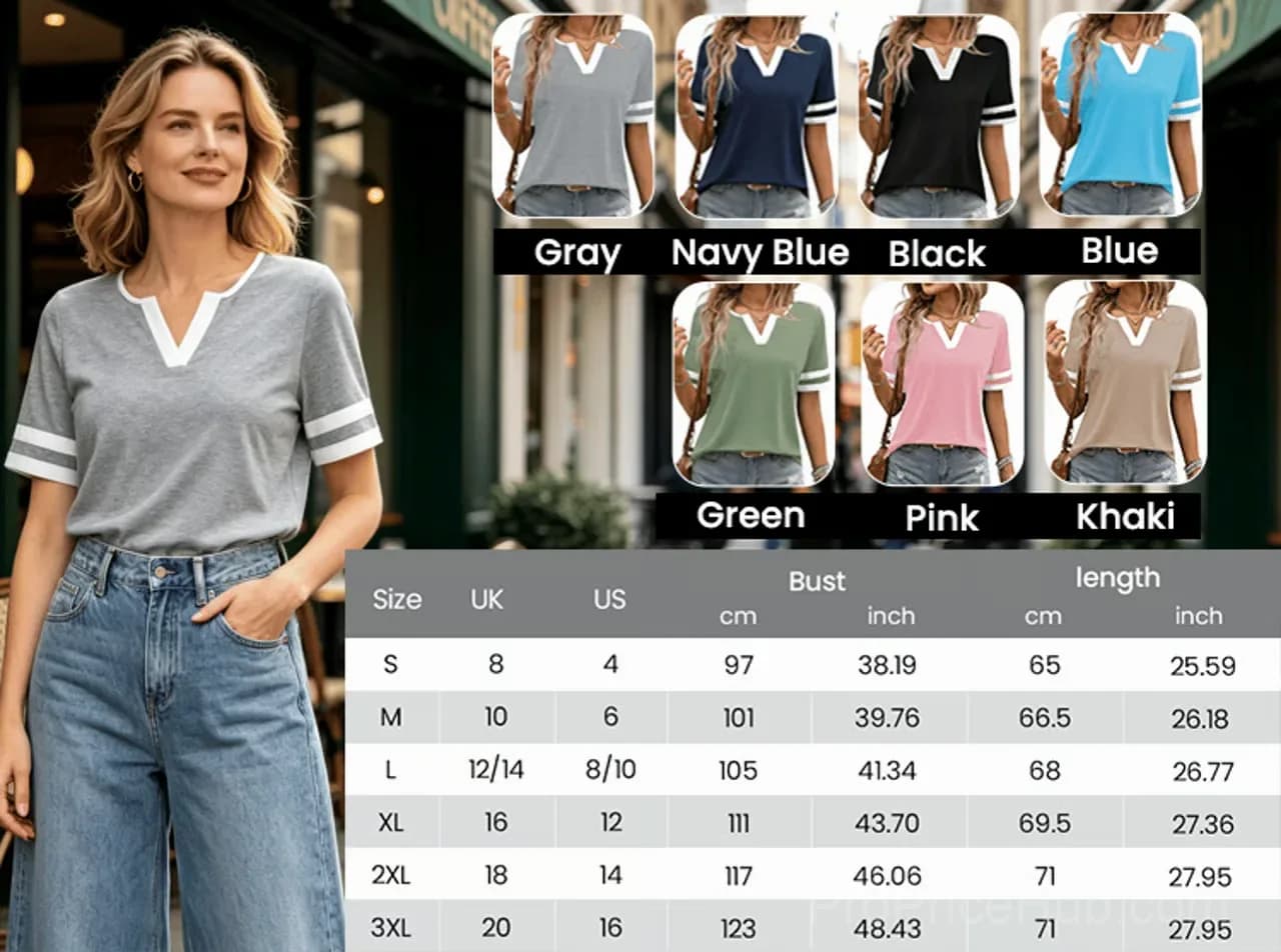 Small V-Neck Color-Blocked T-Shirt, Gray US 4(S) - Main