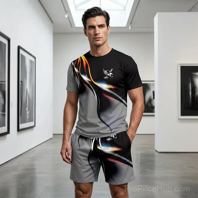 Men's Abstract Print T-Shirt & Shorts Set, Gray, Small - View 10