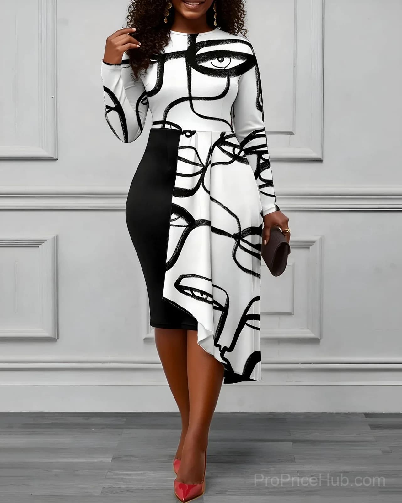 Crew Neck Long Sleeve Asymmetrical Hem Face Print Dress - Main