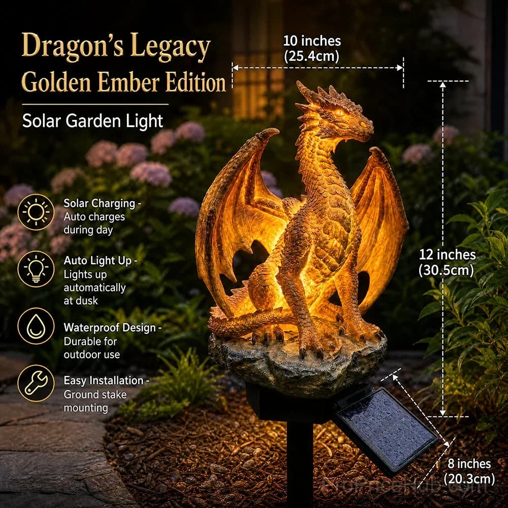 Gothic Dragon Golden Fire Solar Landscape Light - View 7