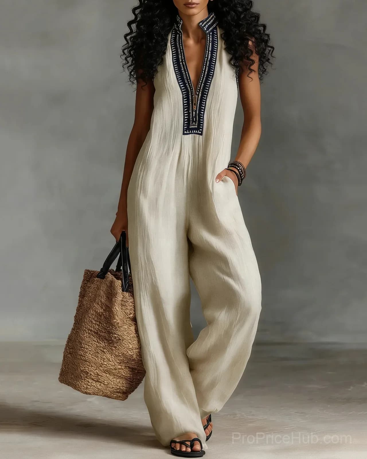 Women's Minimalist Linen Blend Sleeveless Jumpsuit with Stand Collar - Main