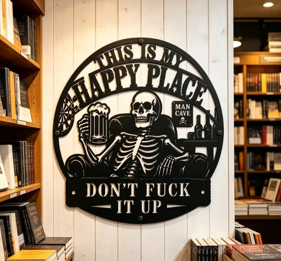 "This Is My Happy Place" Funny Man Cave Decor, 8 in - Main