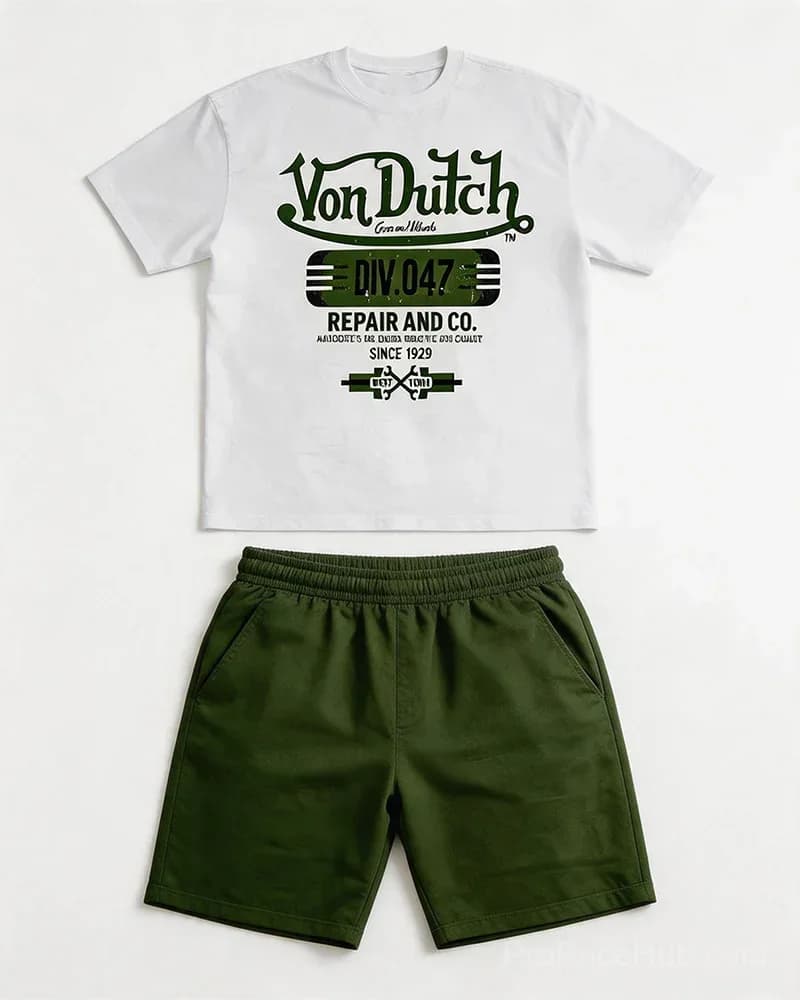 Big & Tall Men's Von Dutch Printed Round Neck T-Shirt & Shorts Set - View 5