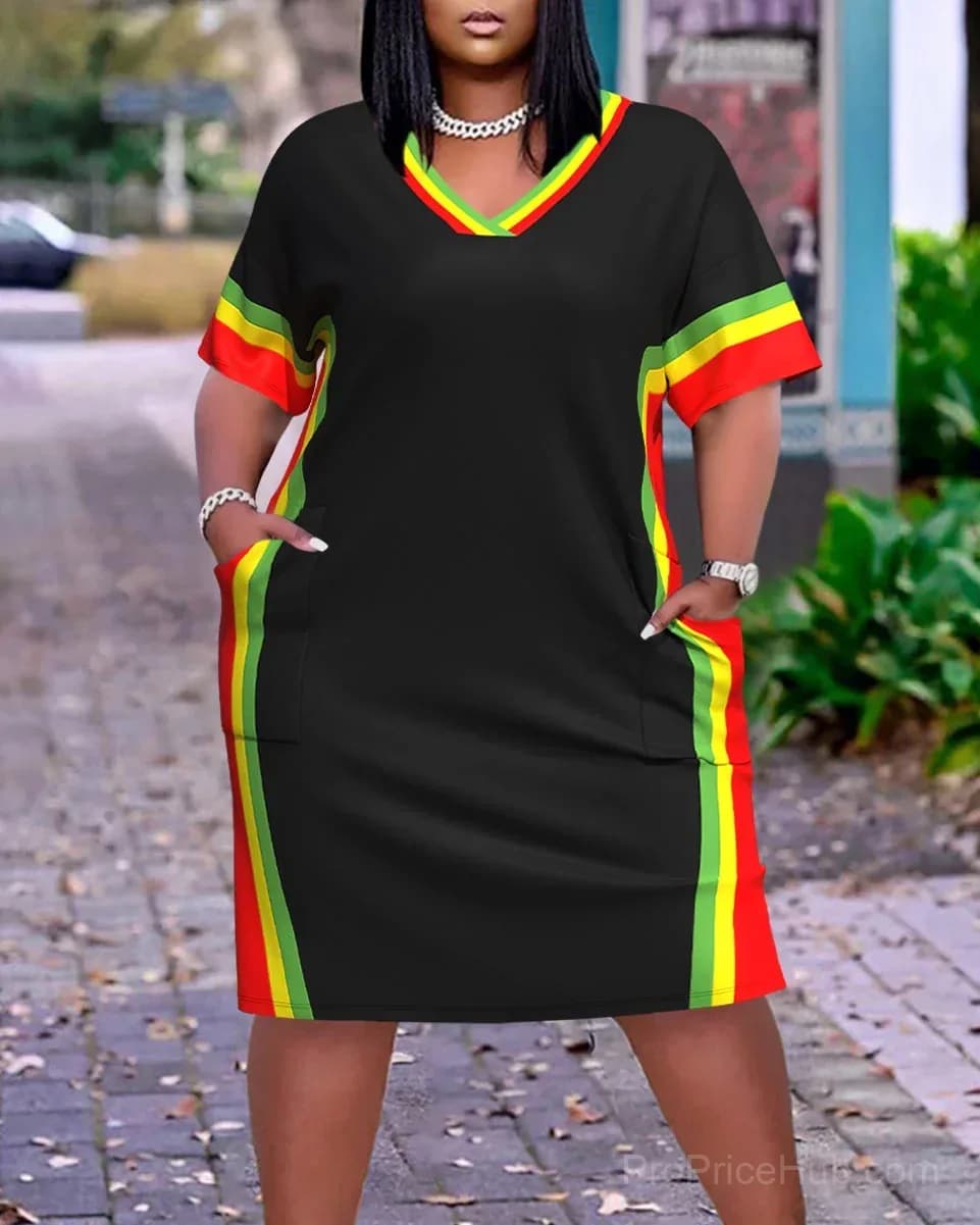 Women's V-Neck Black Patchwork Midi Dress with Pockets - Main