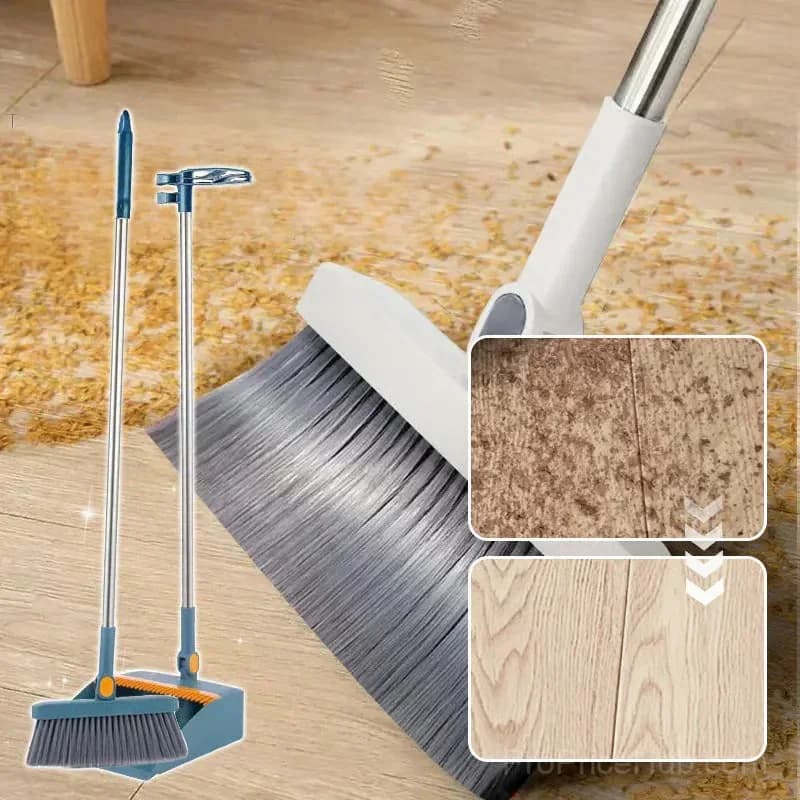 Stand-Up Dustpan and 180° Rotating Broom Set, Blue - View 2