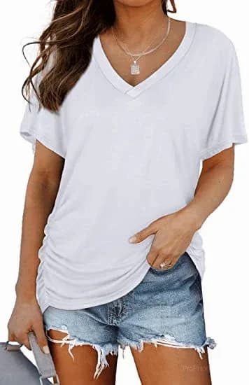 Women's Short Sleeve V-Neck Dolman Top - Soft Breathable Loose Fit Blouse with Side Shirring - Main