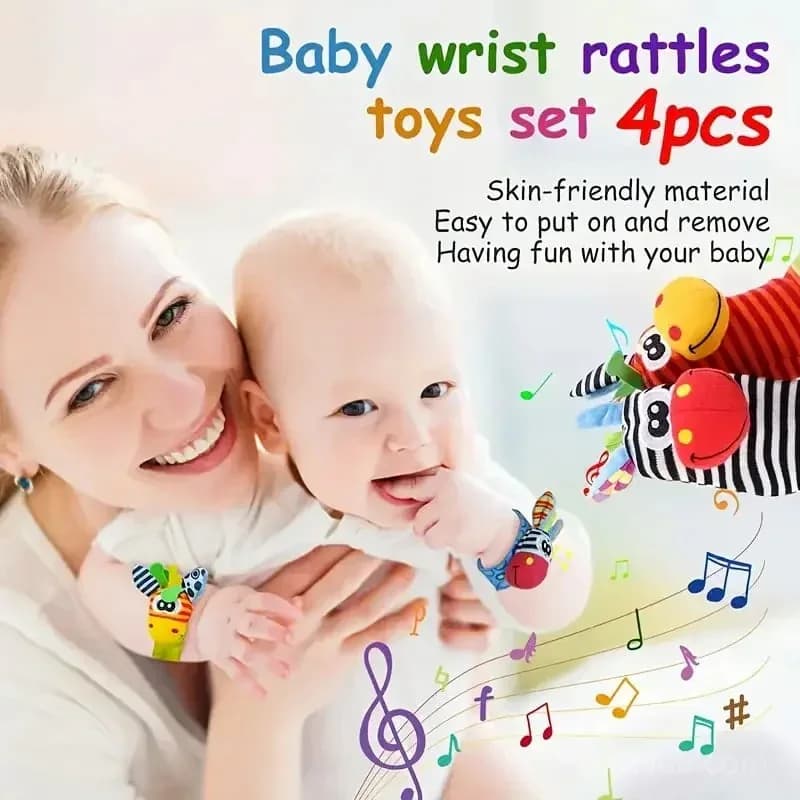 Newborn Baby Cartoon Animal Wrist Rattle Socks Set - Alt