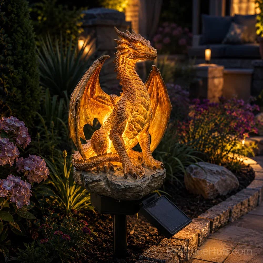 Gothic Dragon Golden Fire Solar Landscape Light - View 4