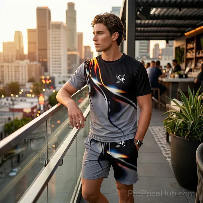 Men's Abstract Print T-Shirt & Shorts Set, Gray, Small - View 6