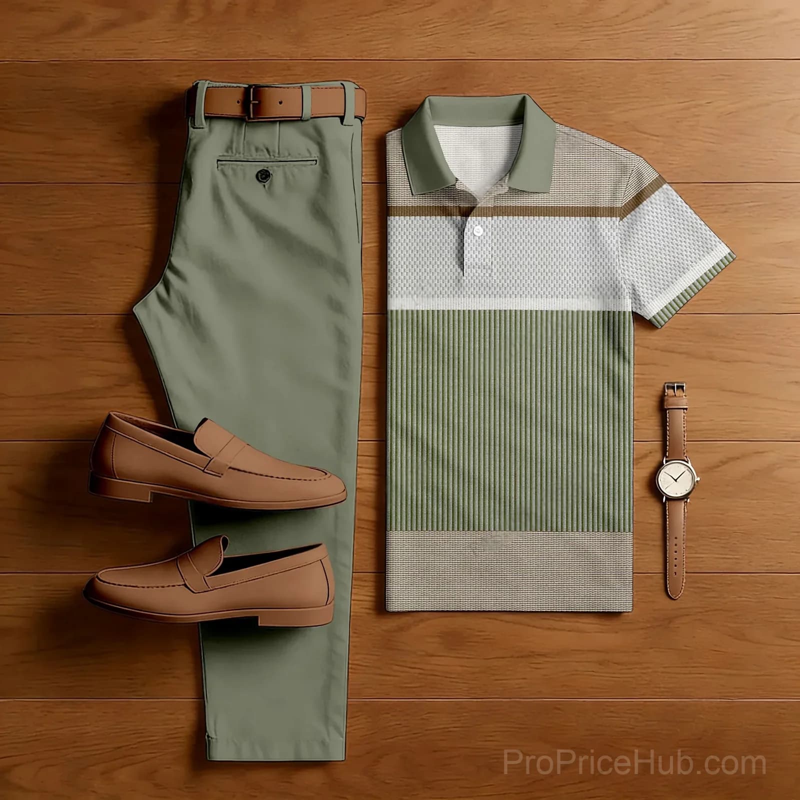 Men's Army Green & Khaki Striped Short Sleeve Polo and Trousers Set - Main