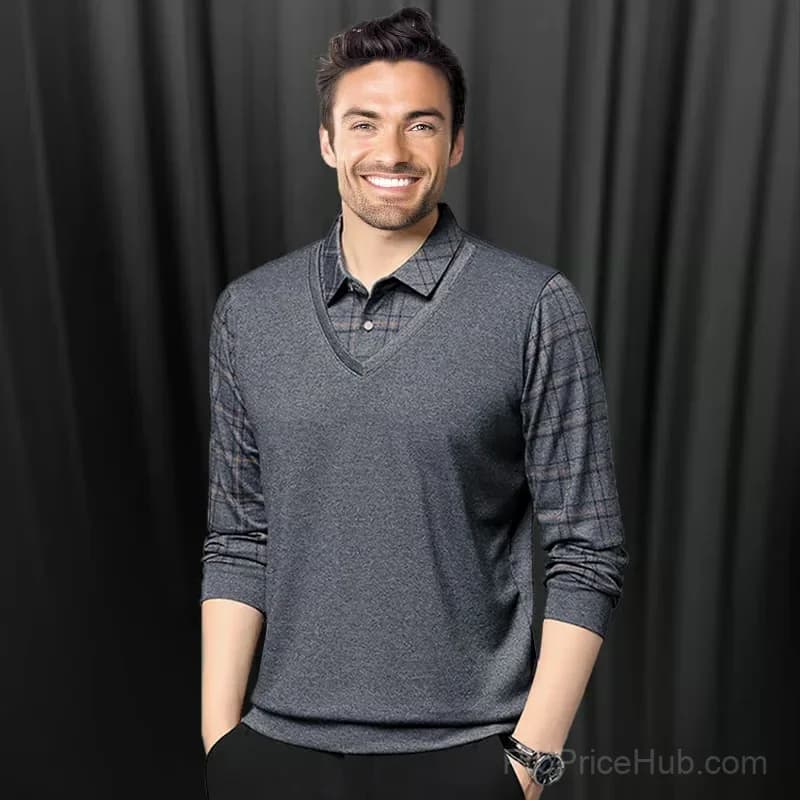 Men's Faux Two-Piece Lapel Long-Sleeve Top, Grey M - Alt