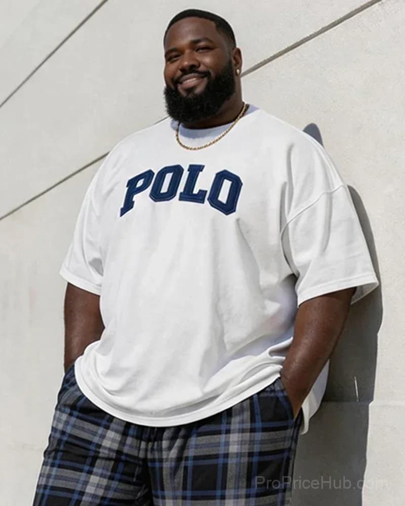 Men's Big & Tall Vintage Plaid Polo Alphabet Print T-Shirt & Shorts Set - View 9