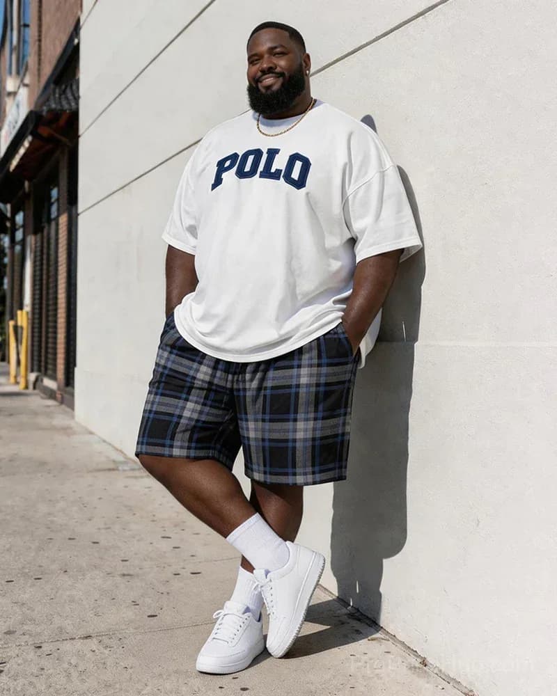 Men's Big & Tall Vintage Plaid Polo Alphabet Print T-Shirt & Shorts Set - Main