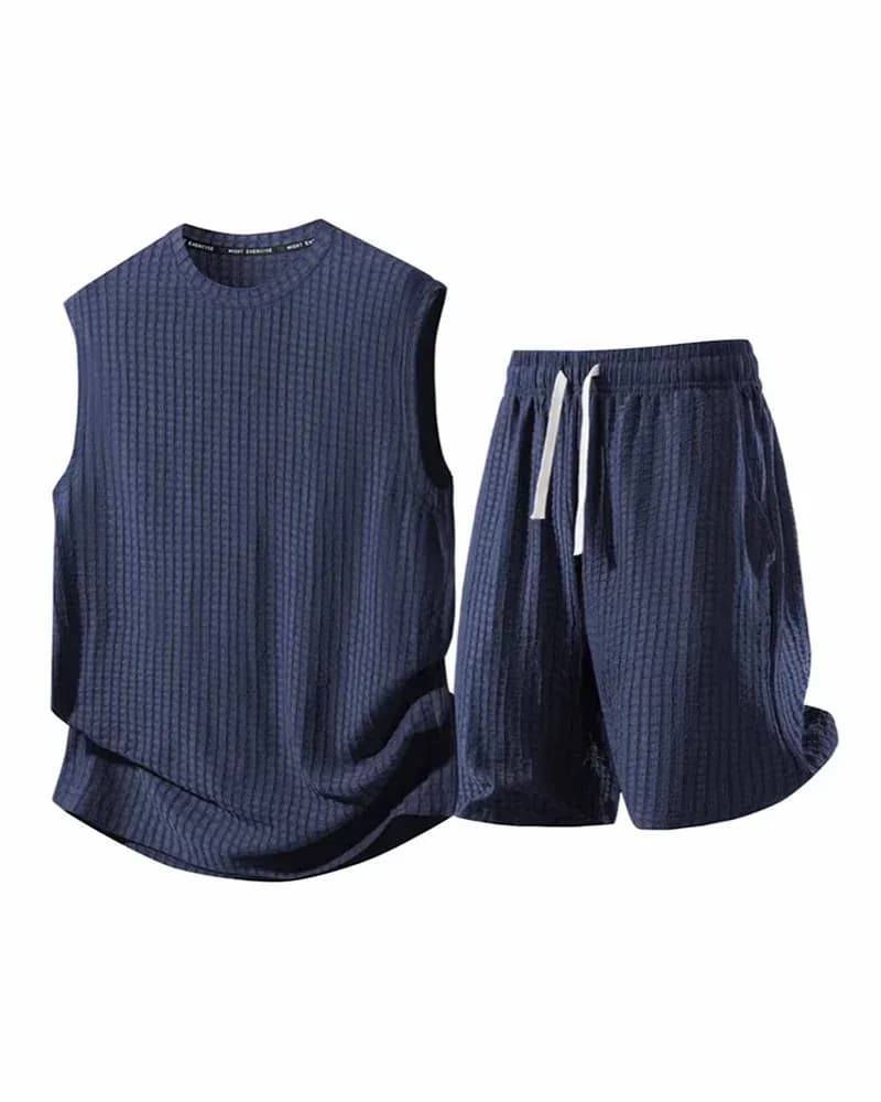 Men's Solid-Color Ribbed Sleeveless Vest & Shorts Set (S-8XL) - Alt