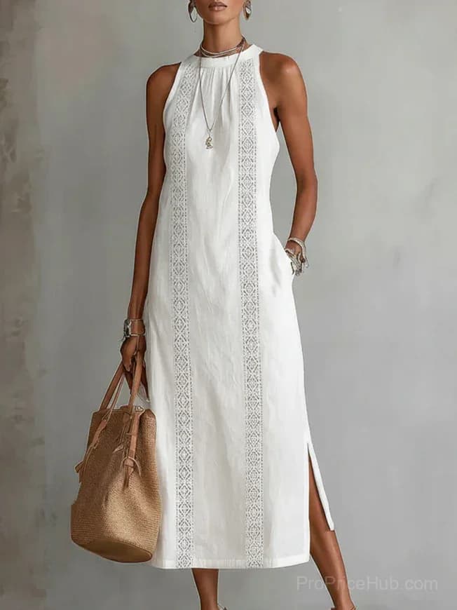 Retro Linen Lace Dress with Minimalist Design - Main