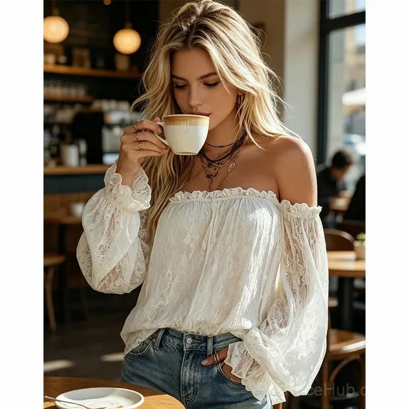 Women's Bohemian Off-Shoulder Sheer Lace Top, Size S - View 4
