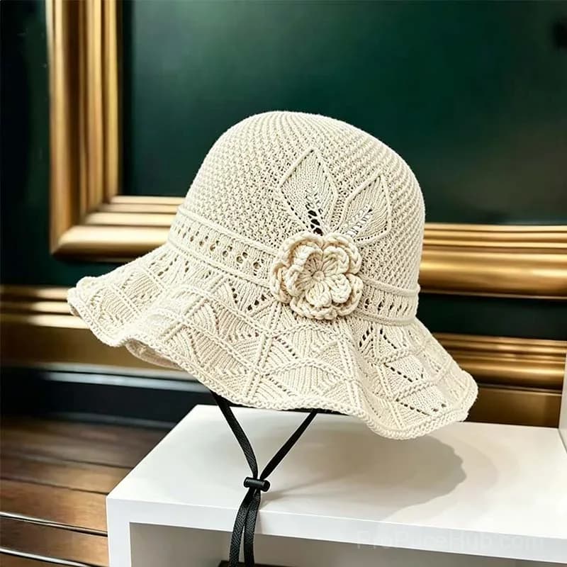 Women's Crochet Bucket Hat with Flower Accent - Alt