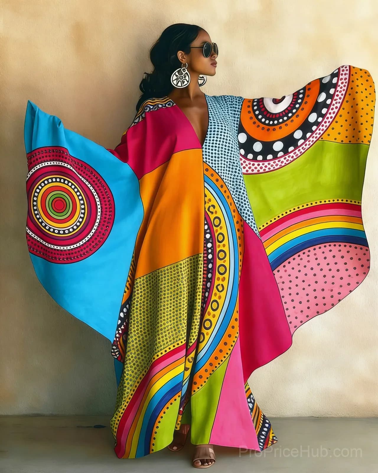 Abstract Hand-Painted Art Print V-Neck Long Kaftan Dress - Main