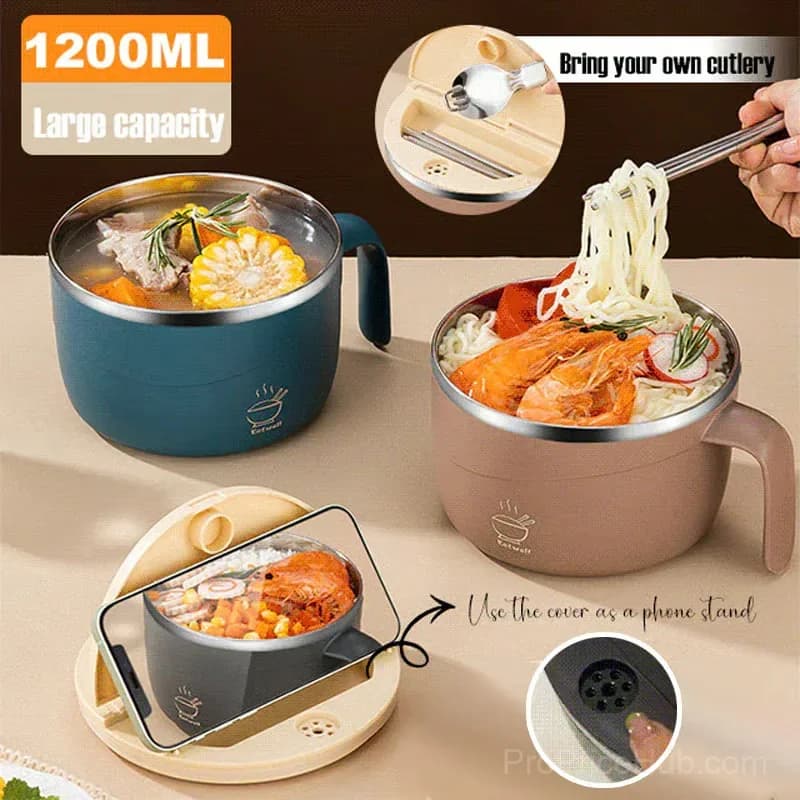 304 Stainless Steel Insulated Ramen Bowl, Black, 1200ml, 1 Pc - View 2
